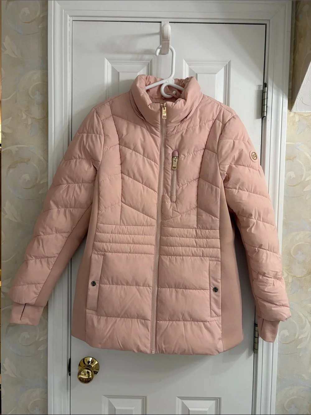 Michael Kors Blush Pink Quilted Puffer Jacket with Stand Collar